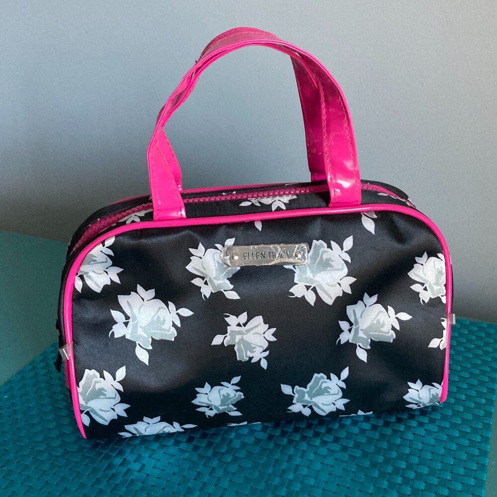 Ellen Tracy XL Cosmetic Bag Travel Case NWOT Black Gray Floral (Rose)
